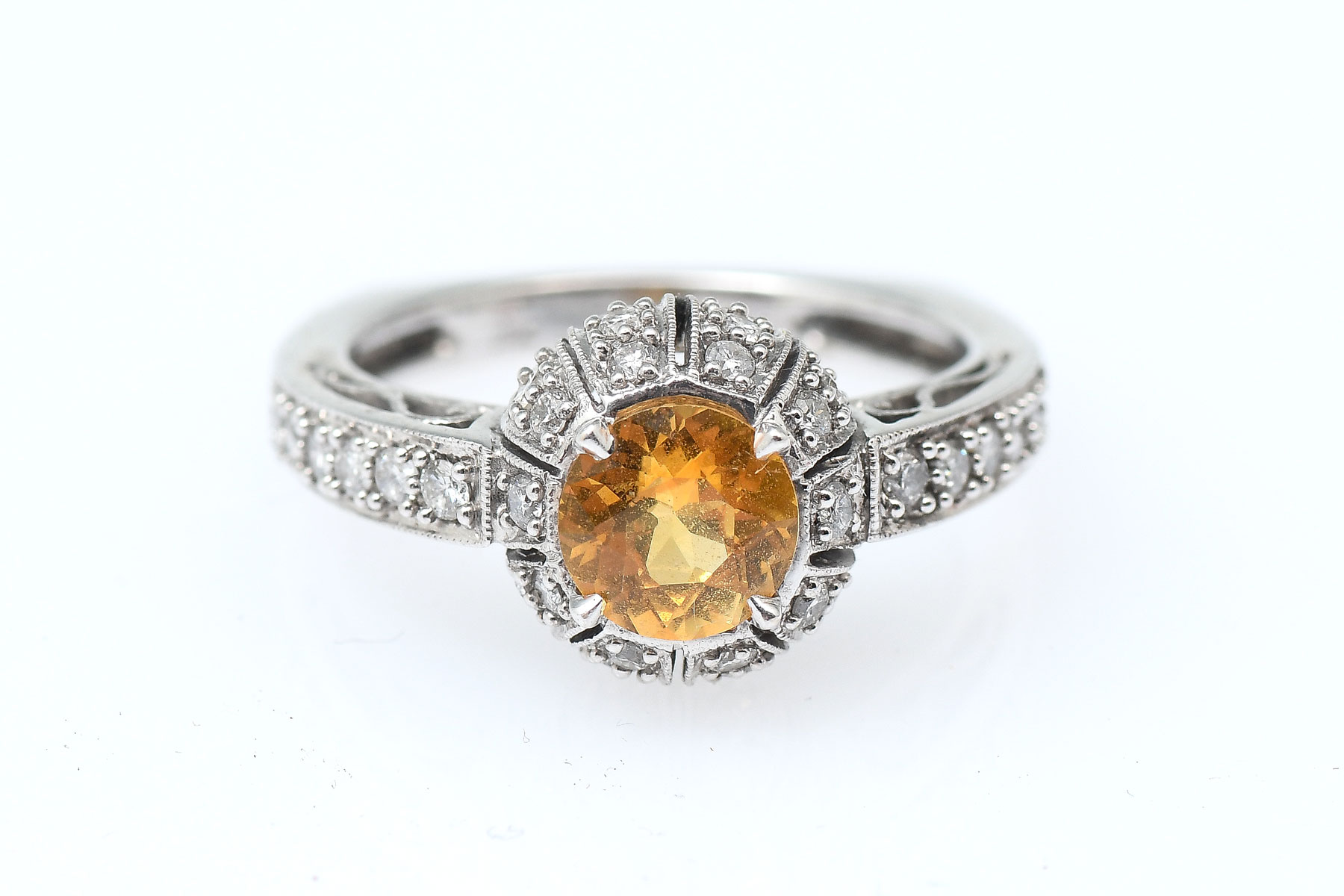 Appraisal: VINTAGE K YELLOW TOPAZ AND DIAMOND DOMED RING Beautiful unique