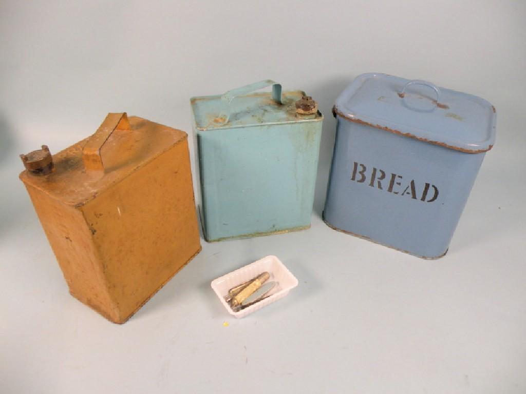 Appraisal: A blue enamelled bread bin and cover Pratt's petrol can