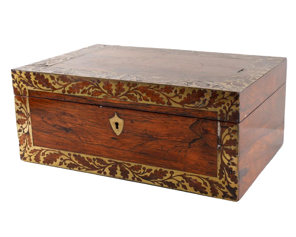 Appraisal: BRASS-INLAID WOOD TABLE BOXthe hinged lid concealing an undivided interior