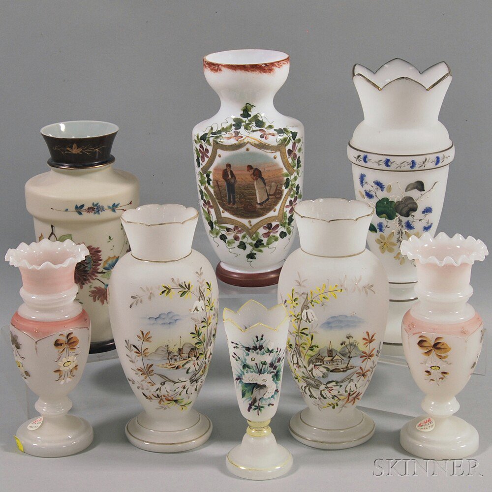 Appraisal: Eight Assorted Enameled Glass Vases five vases with floral decoration