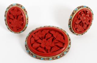 Appraisal: CINNABAR BROOCH EARRINGS CINNABAR BROOCH EARRINGS silver filigree