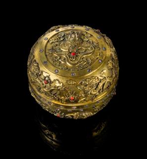 Appraisal: A Hardstone Inset Gilt Bronze Circular 'Dragon' Box and Cover