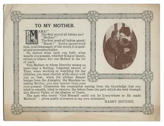 Appraisal: Houdini To My Mother souvenir card Houdini Harry Ehrich Weiss