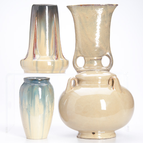 Appraisal: FULPER Four vases covered in ivory and Cat's Eye flambe