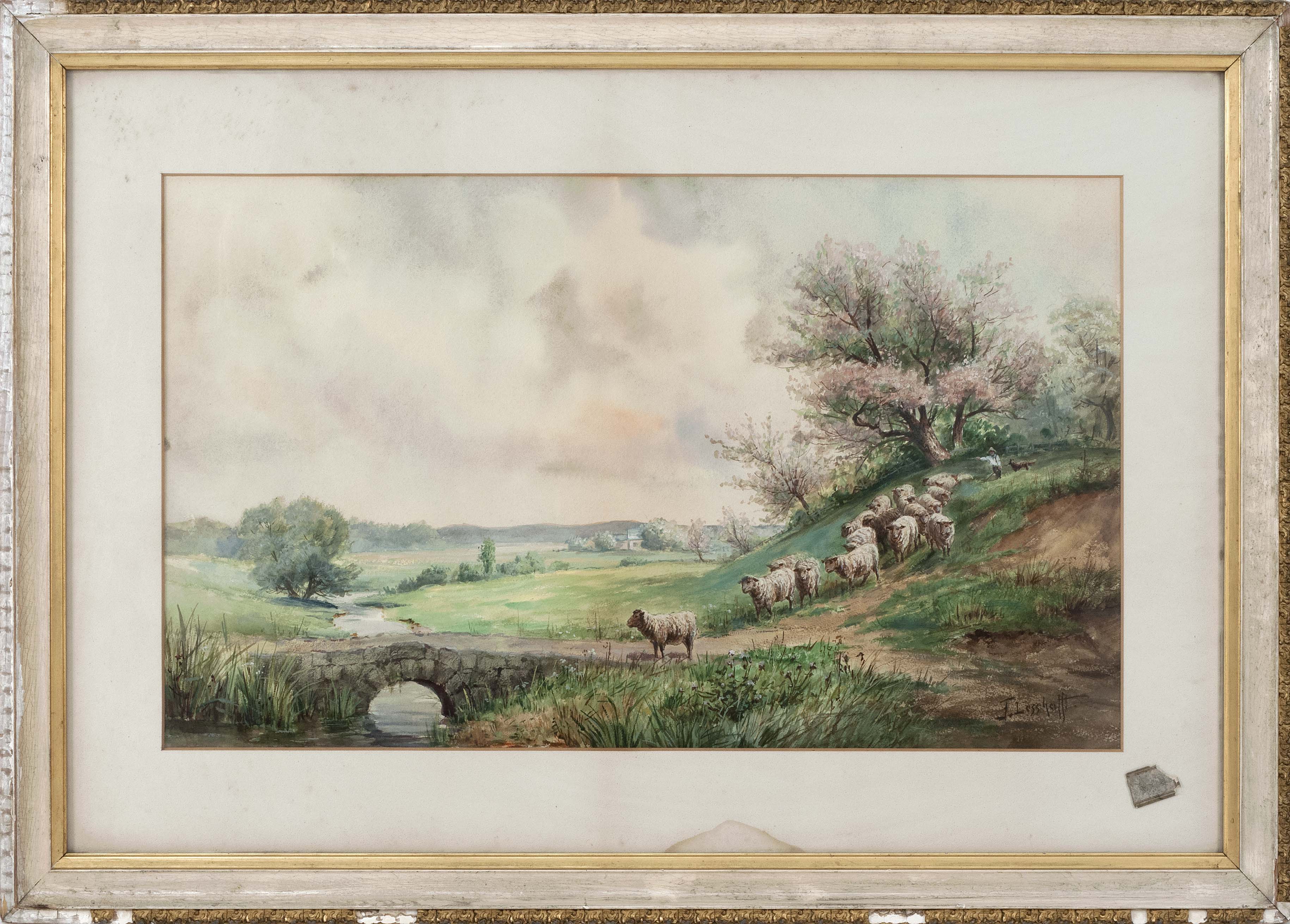 Appraisal: FRANZ LESSHAFFTPennsylvania th CenturyLandscape with sheep and stone bridge Signed