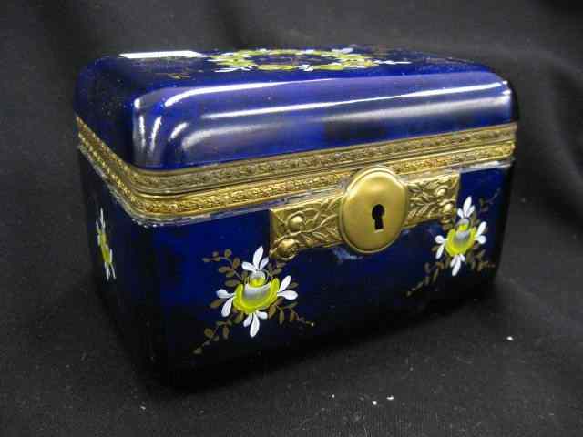 Appraisal: Victorian Art Glass Dresser Box locking cobalt with enameled flowers