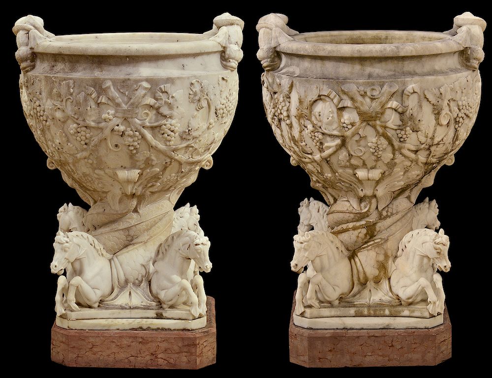 Appraisal: Monumental Pr th C White Carrera Marble Urns Pair of