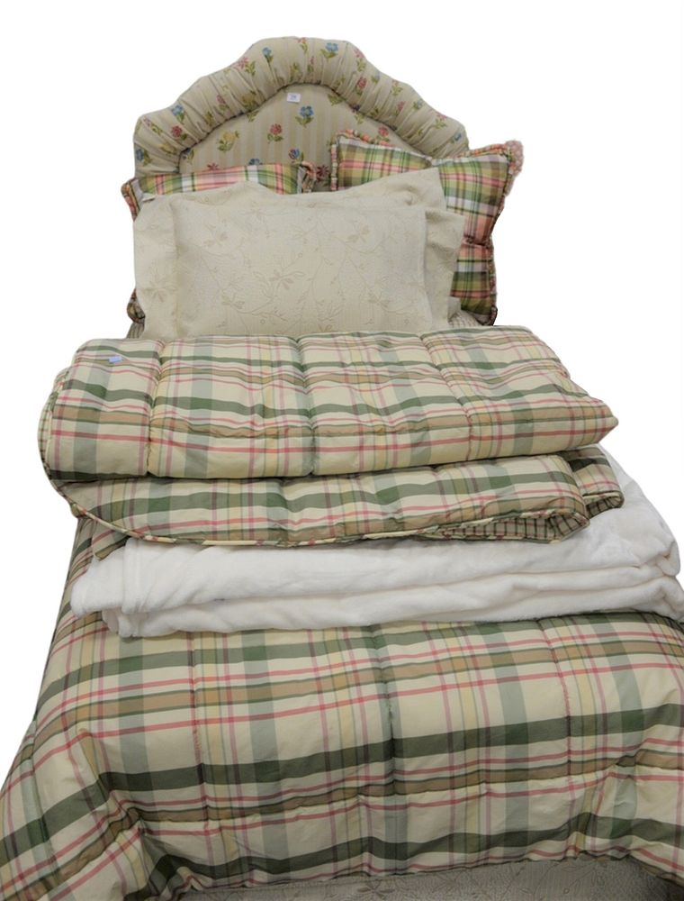 Appraisal: Pair of Twin Beds having custom upholstered headboards having plaid