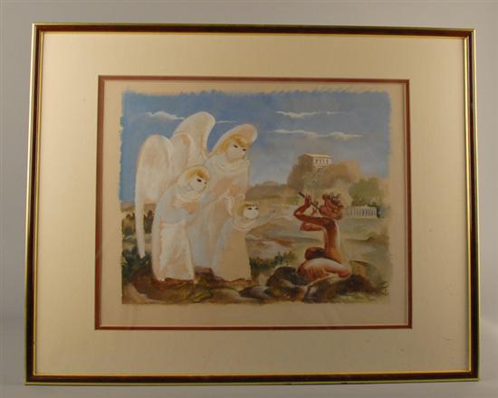 Appraisal: Unknown Watercolor of Angels in mythical scene Framed under glass