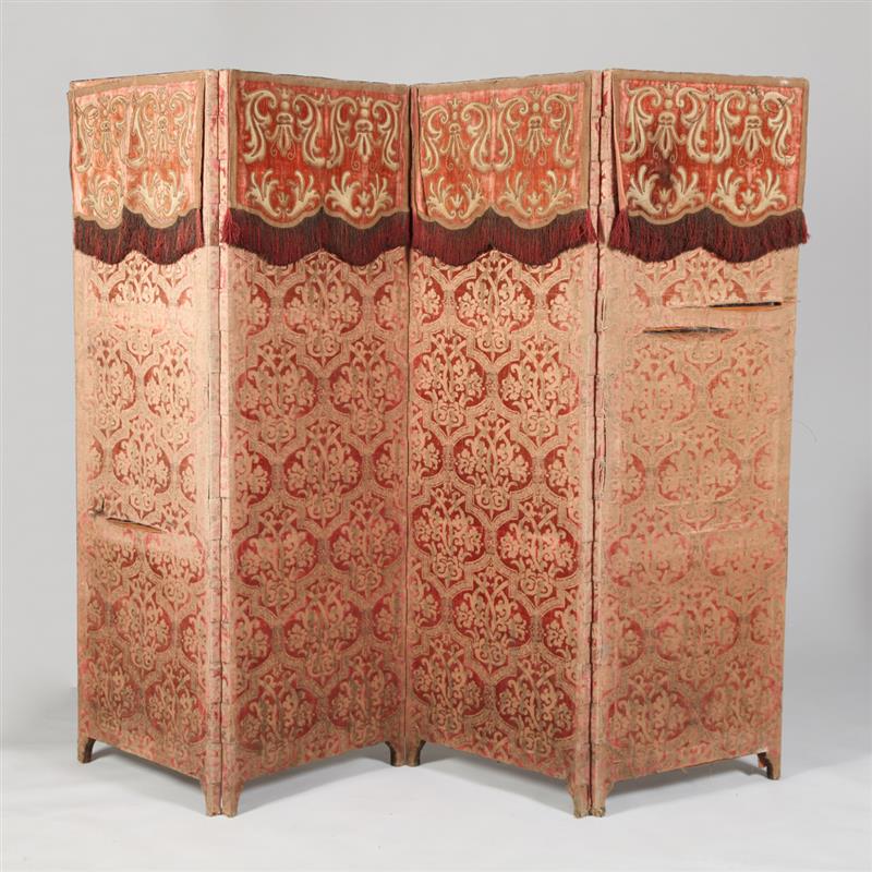 Appraisal: ITALIAN RED SILK VELVET BROCADE FABRIC FOUR-PANEL SCREEN IN THE