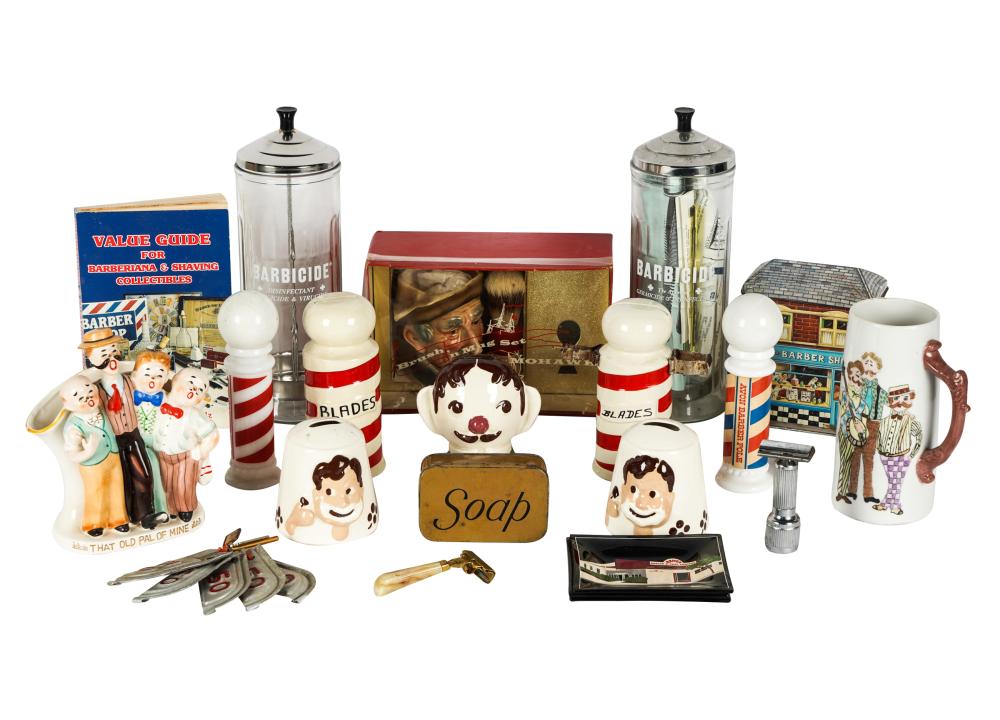 Appraisal: COLLECTION OF VINTAGE BARBER'S ACCESSORIESincluding jars and shaving mugs Condition