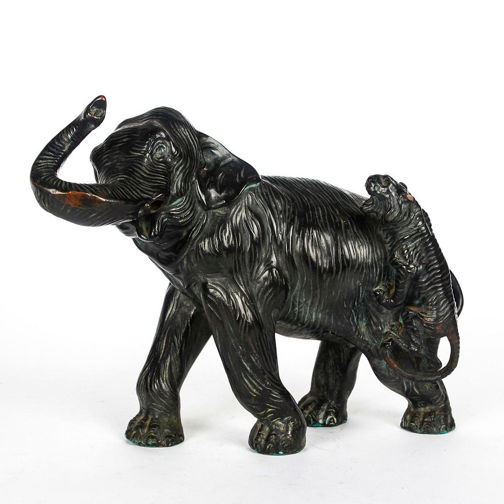 Appraisal: LARGE FIGURAL GROUP ELEPHANT ATTACKED BY BENGAL TIGER Bronze sheet