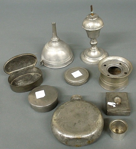 Appraisal: - Nine early American pewter pieces to incl a flask