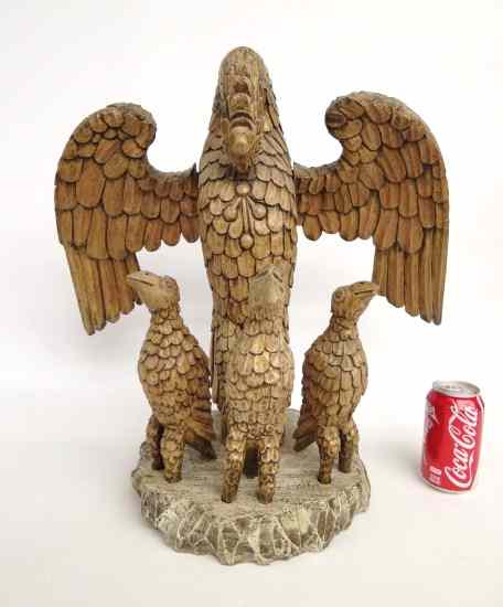 Appraisal: Folk art wooden eagle and eaglets carving '' Ht ''