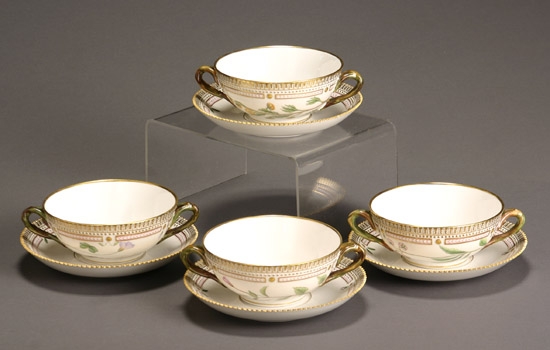 Appraisal: Four Royal Copenhagen 'Flora Danica' Cream Soup Cups and Stands