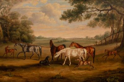 Appraisal: English School th Century Mares and Foals in a Wooded