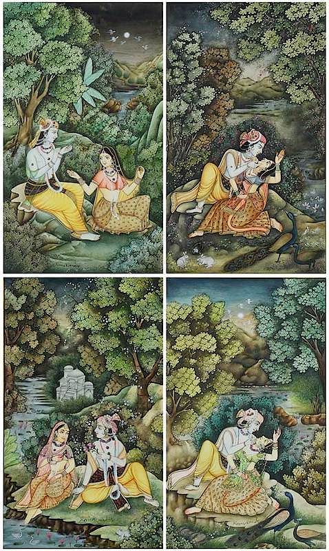 Appraisal: Indian School th century Four figural scenes Lover's in Landscapes