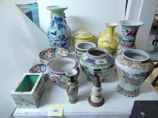 Appraisal: Asian porcelains lot pcs including pair covered jars planter vases