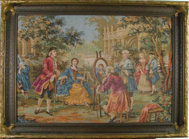 Appraisal: Vintage Framed French Tapestry depicting classic figures in a courtyard