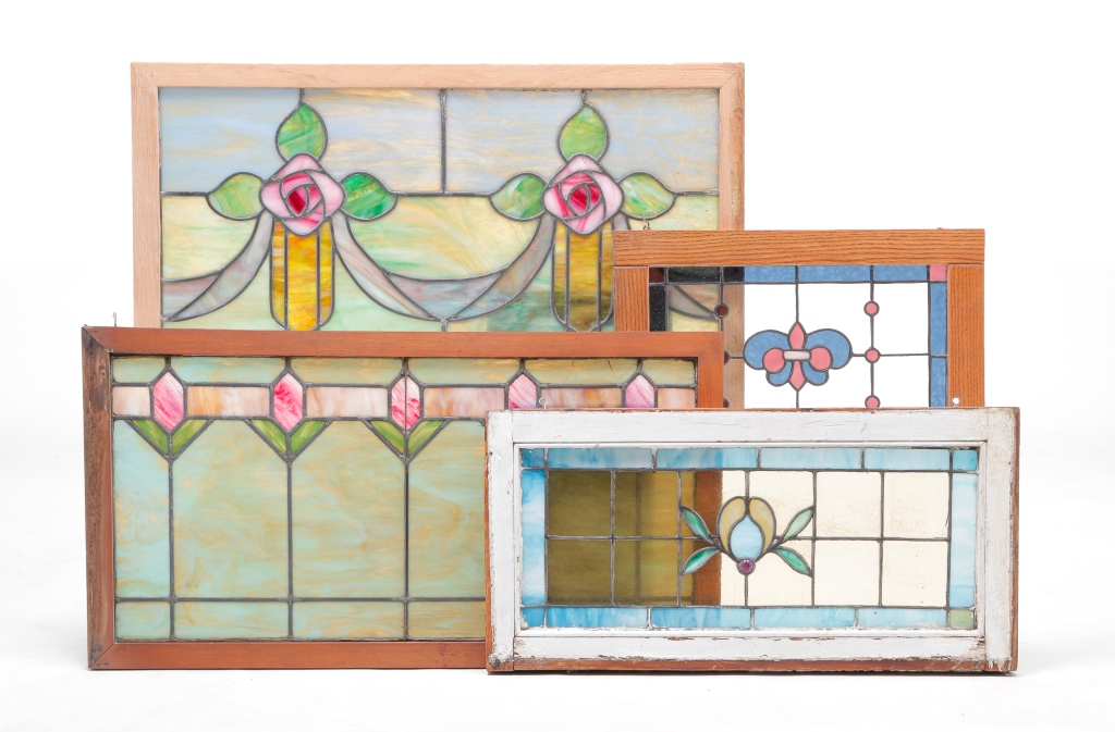 Appraisal: FOUR AMERICAN LEADED COLORED GLASS WINDOWS Twentieth century Arts and