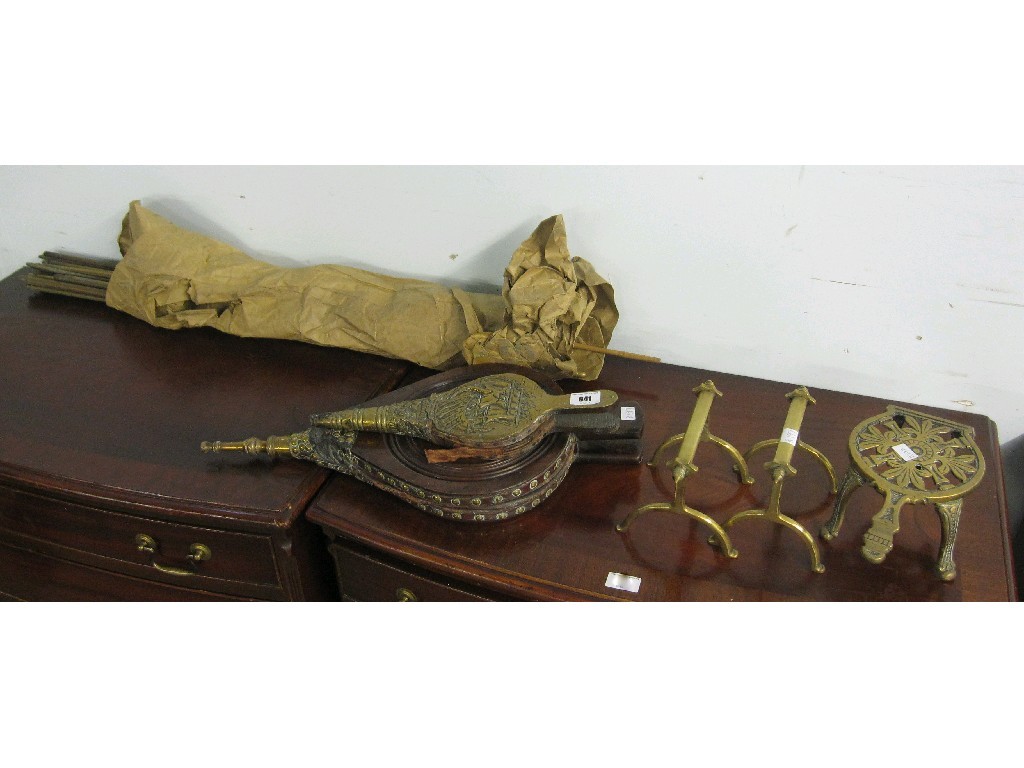 Appraisal: Lot comprising trivet fire dogs two sets of bellows and