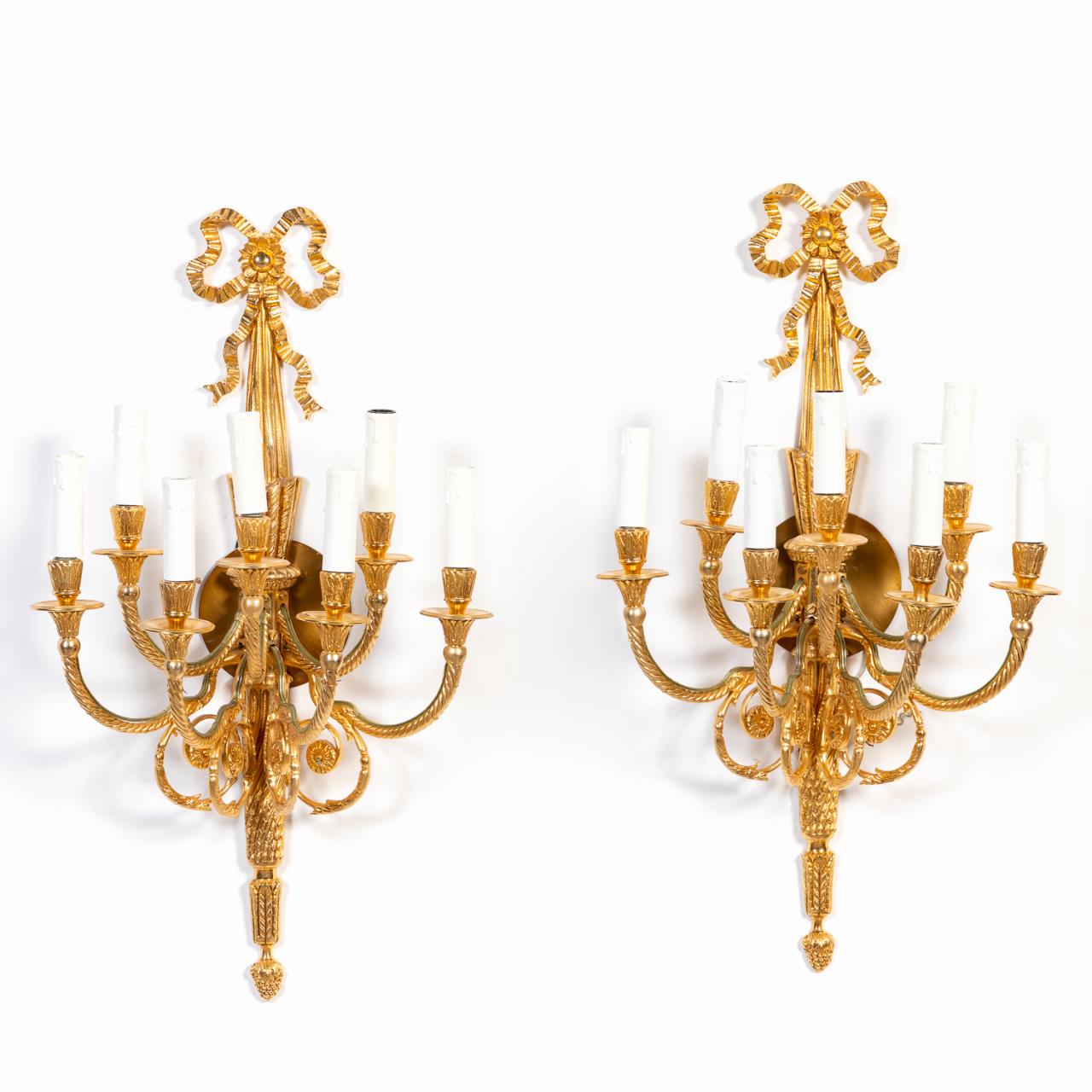 Appraisal: PR LOUIS XVI-STYLE SEVEN-LIGHT GILT SCONCES Likely Continental pair of