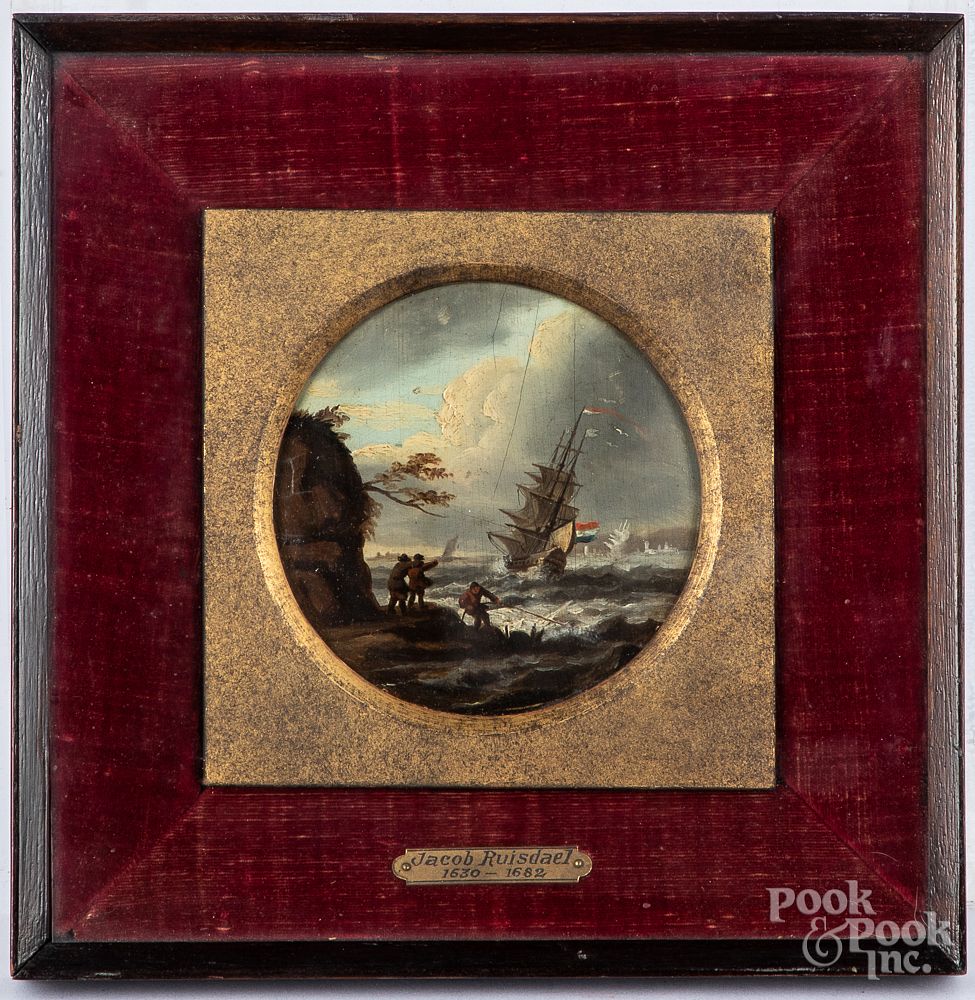 Appraisal: Miniature oil on board coastal scene with ship Miniature oil