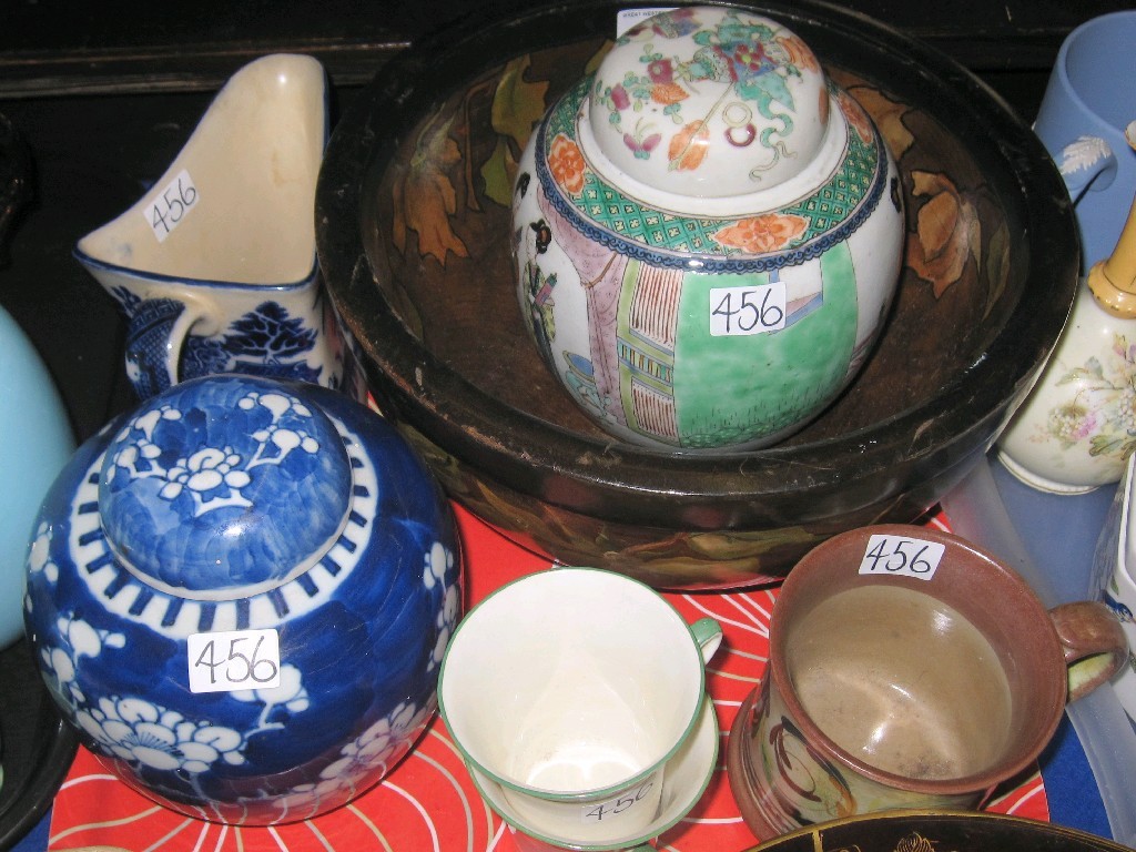 Appraisal: Tray lot comprising oriental prunus ginger jar Doulton Willow jug