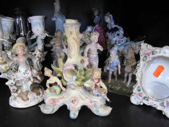 Appraisal: ONE SHELF OF ASSORTED PORCELAIN AND BISQUE FIGURES CANDELHOLDERS INCL