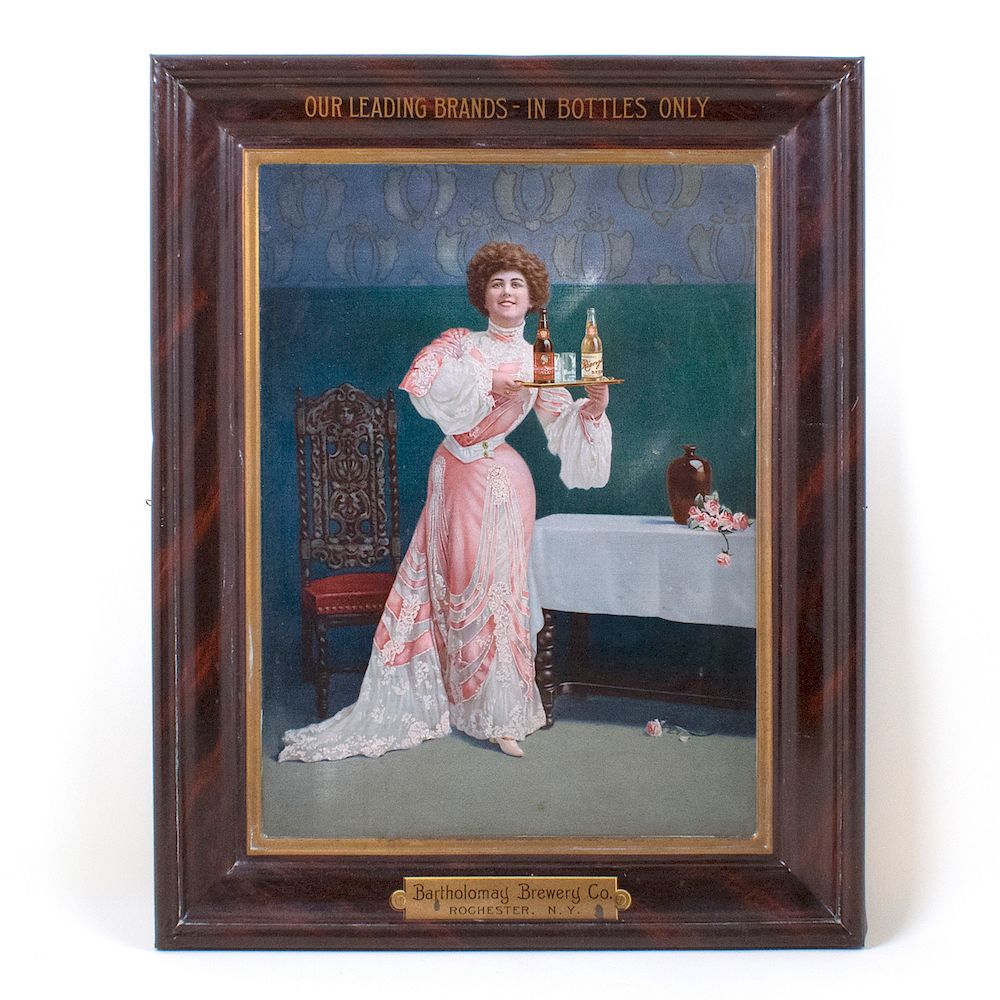 Appraisal: Bartholomay Lady Serving Self-framed Tin Litho Reference n a Brewery