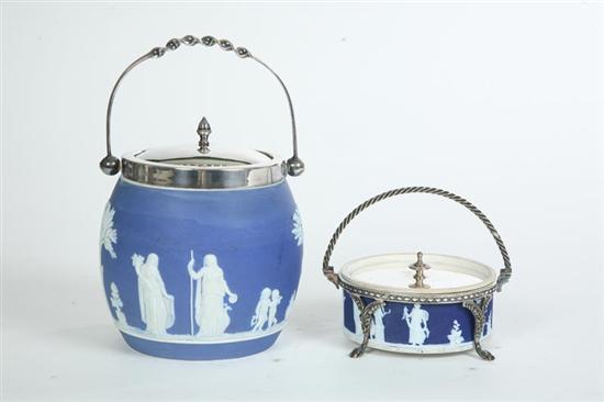 Appraisal: TWO PIECES OF WEDGWOOD JASPERWARE A biscuit jar with cherubs