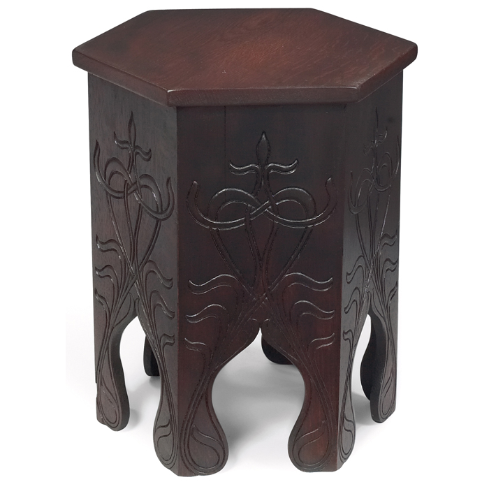 Appraisal: Arts and Crafts tabouret hexagonal form with carved organic design