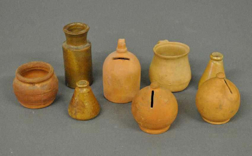 Appraisal: - Five unglazed redware pieces incl two penny banks h