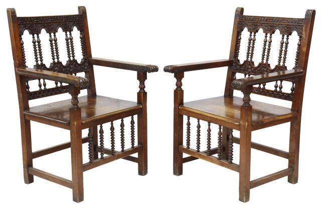 Appraisal: pair Spanish Baroque style walnut armchairs th c having carved