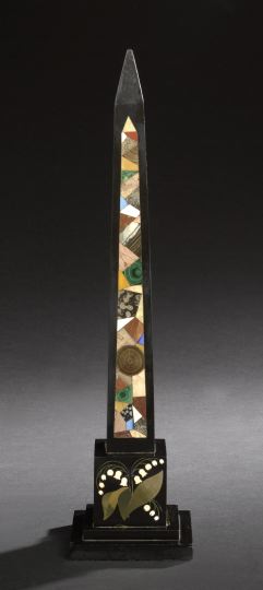 Appraisal: Italian Pietra Dure and Satin-Polished Black Slate Obelisk in the