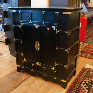 Appraisal: BRASS BOUND BLACK LACQUERED CABINET