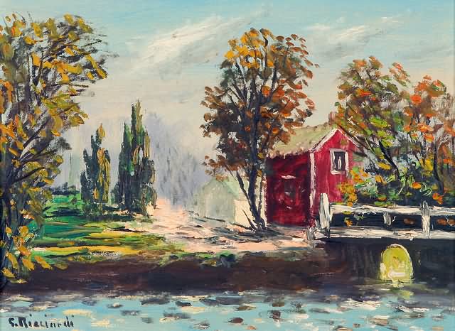 Appraisal: Riverside landscape with red building at edge of river oil