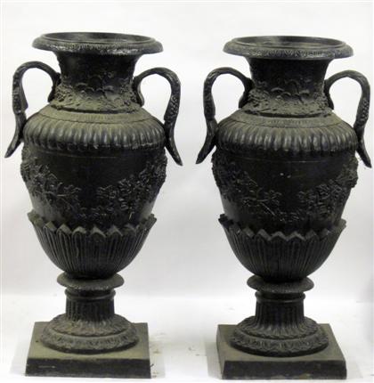 Appraisal: Pair of black painted cast iron garden urnsEach with a