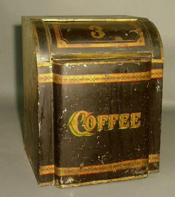 Appraisal: Tin coffee bin with Tole decoration h x w x