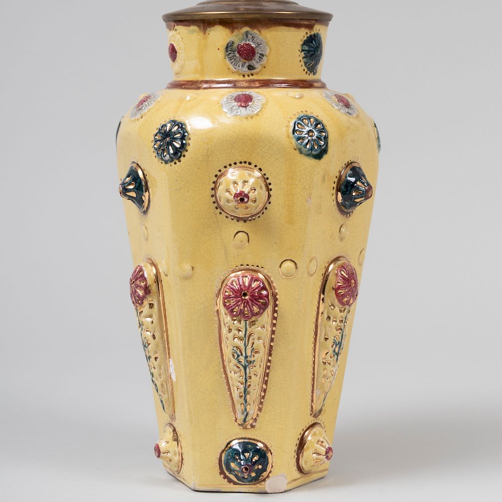 Appraisal: French Gilt-Decorated Yellow Glazed Vase Mounted as a Lamp x