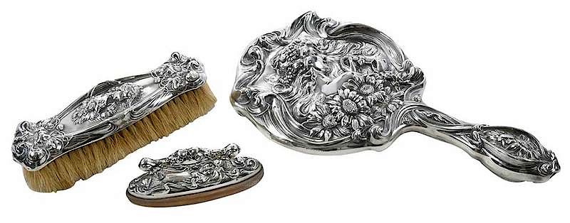 Appraisal: Three Art Nouveau Sterling Dresser Items American th century He