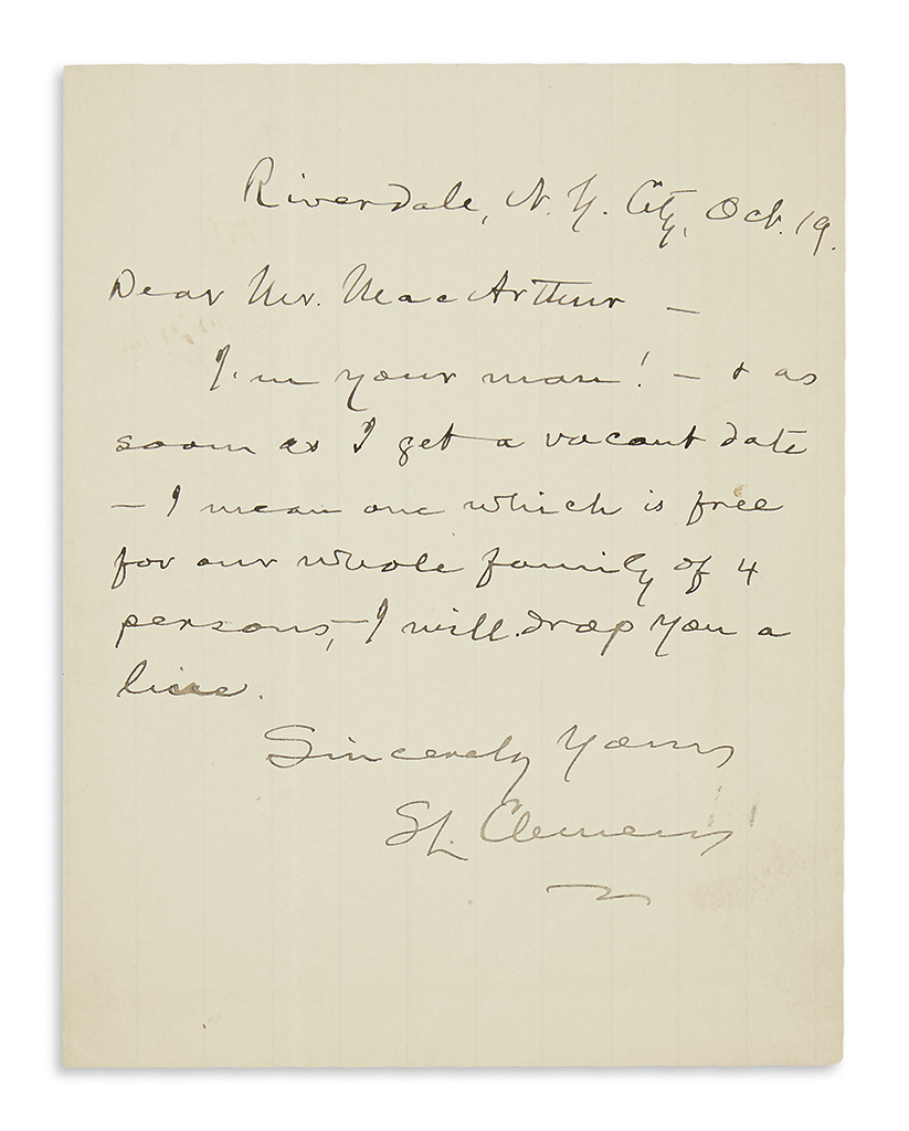 Appraisal: TWAIN MARK Autograph Letter Signed SL Clemens to Bookman Editor