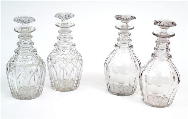 Appraisal: PAIR OF CUT-GLASS BARREL DECANTERS th CENTURY each with mushroom