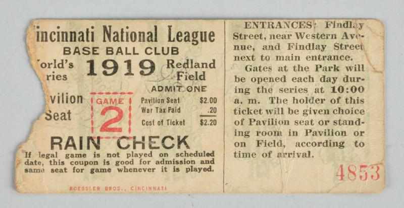 Appraisal: Cincinnati NL Baseball Club Ticket Stub Description pavilion seat ticket