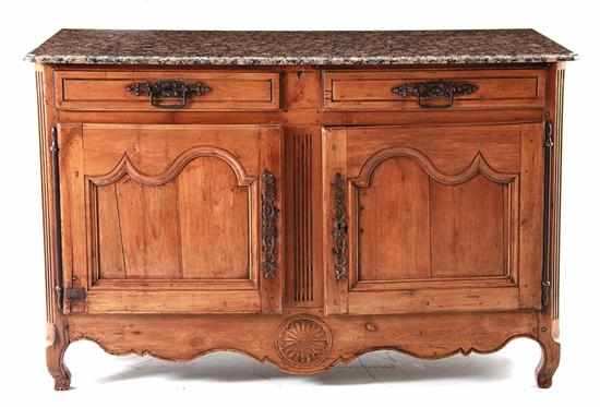 Appraisal: French Provincial carved fruitwood granitetop server th century rectangular granite