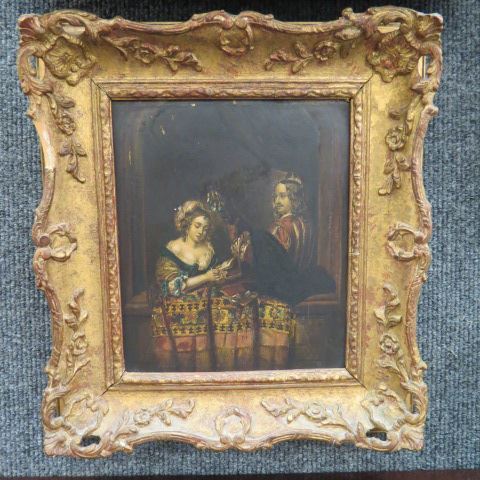 Appraisal: Early Painting on Tin young couple image area x ornate