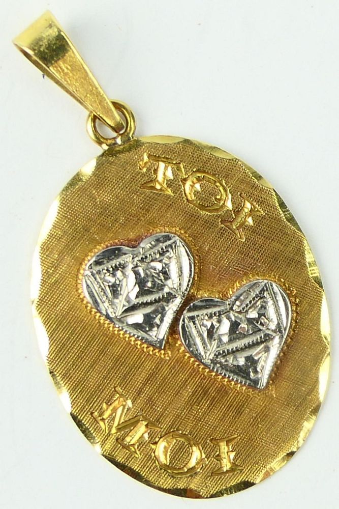 Appraisal: FRENCH KT Y GOLD MINE AND YOURS HEART PENDANT Measures