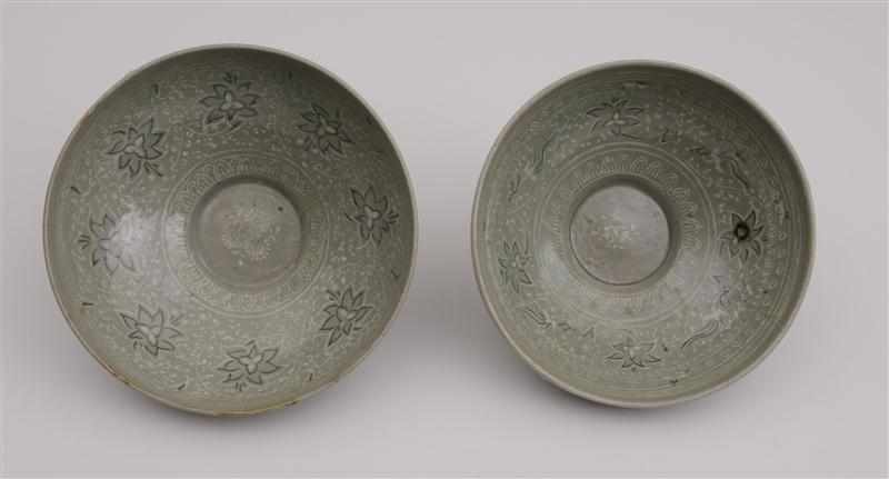 Appraisal: TWO SIMILAR KOREAN KORYO STYLE CELADON BOWLS Each tapered footed