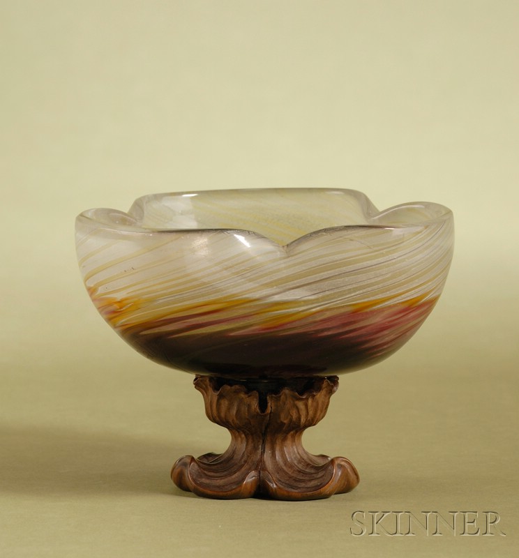 Appraisal: Unusual Galle Glass and Carved Walnut Footed Bowl early th