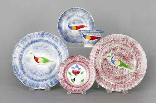 Appraisal: Four pieces of spatterware th c to include two peafowl